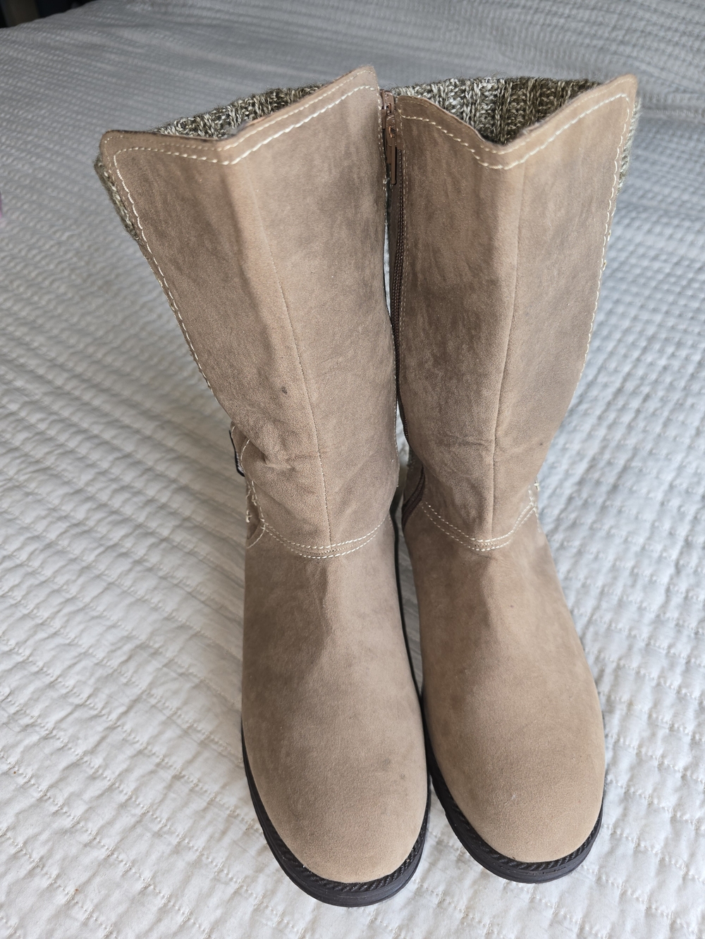 Muk Luks Taupe Suede Mid-Calf Boots with Knit Cuff